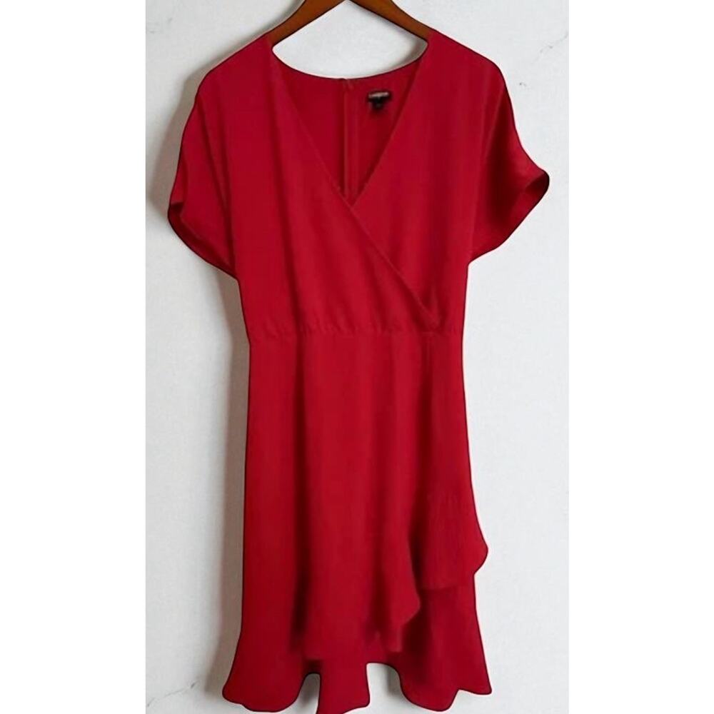 Express Women's Pink Dress Wrap Short Sleeve Knee Length Crepe Fuchsia Ruffle XL